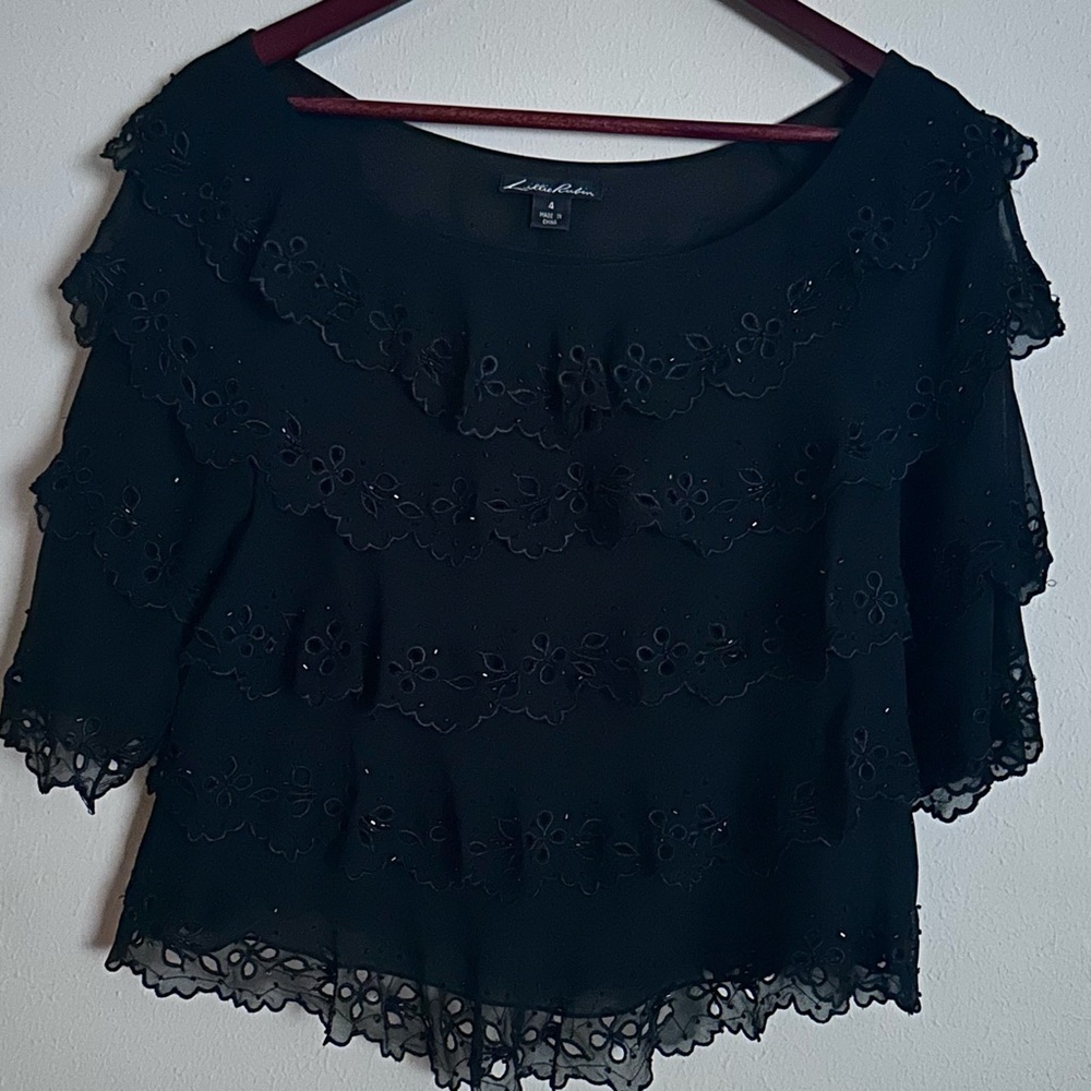 Lillie Rubin | Silk Embroidered Ruffle Blouse | Size 4